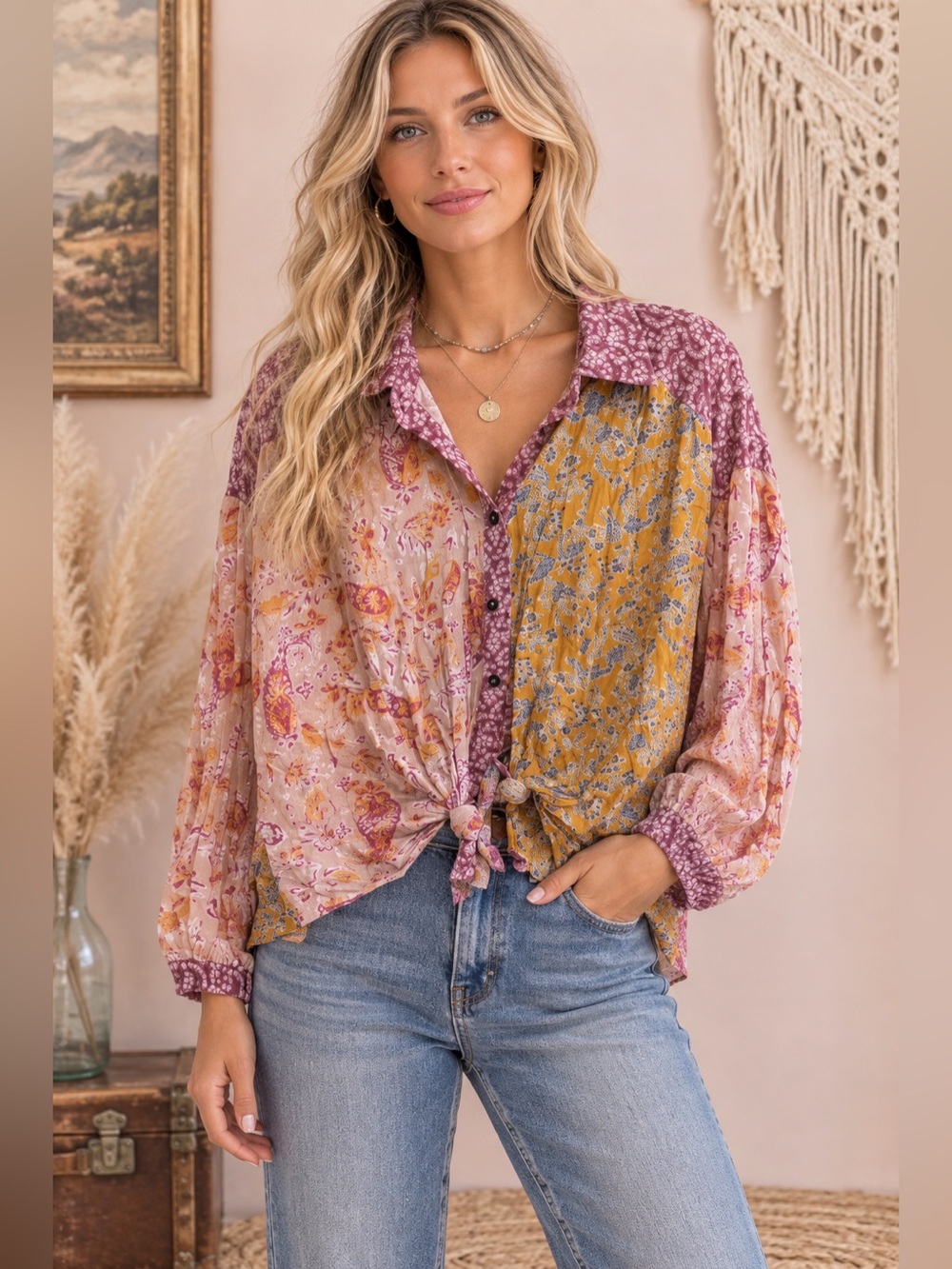 DAVI & DANI Pink and Mustard Mixed-Print Tie-Front Button Shirt Boho Chic